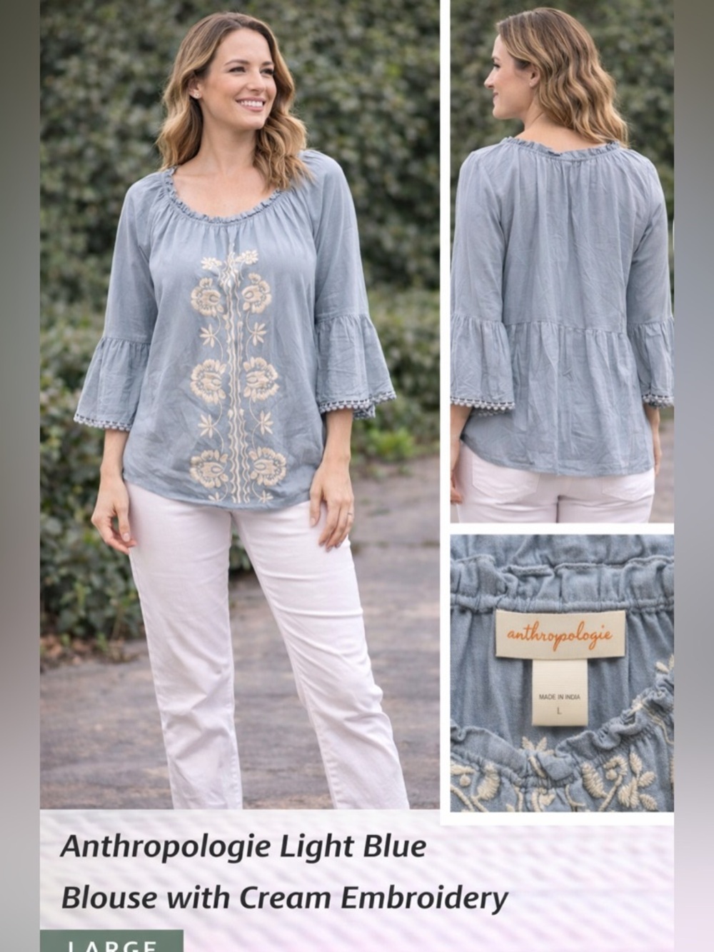 Anthropologie Light Blue Blouse with Cream embroidery LARGE